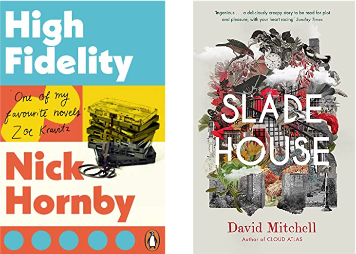 Book jackets of High Fidelity by Nick Hornby and Slade House by David Mitchell