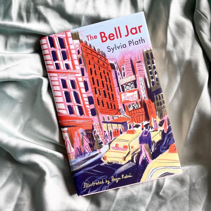 Illustrated version of The Bell Jar on a shiny fabric