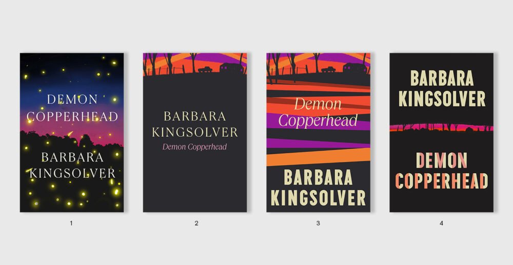 Four covers for Barbara Kingsolver's Demon Copperhead inspired by sunset