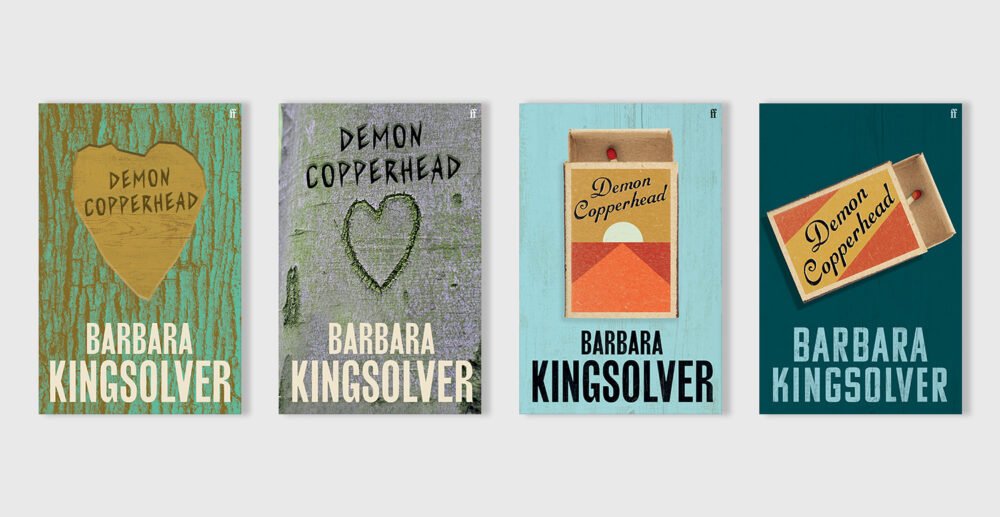 Four covers for Barbara Kingsolver's Demon Copperhead inspired by matches and trees