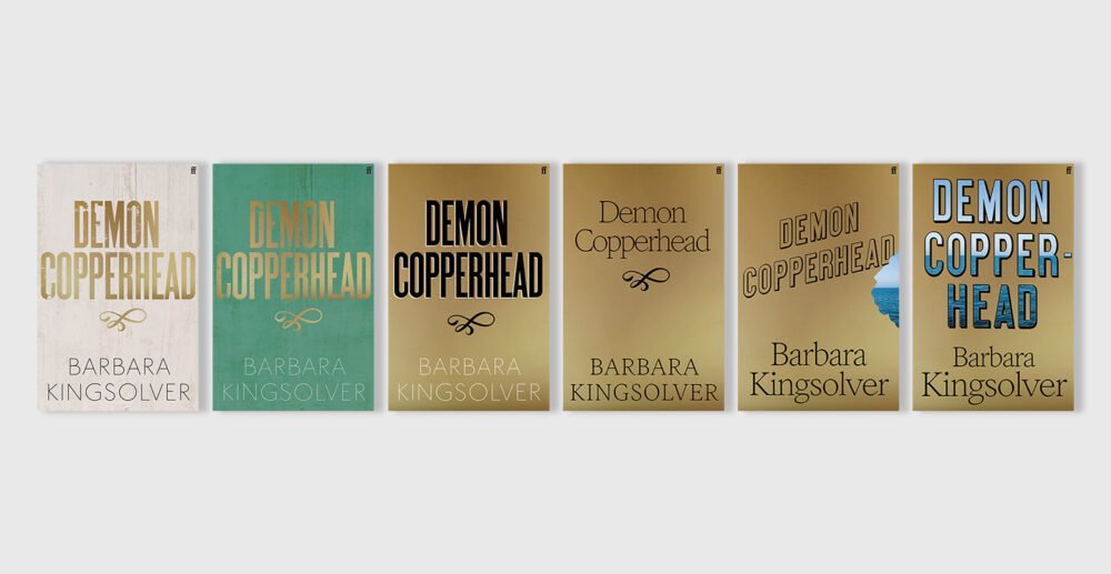 Four covers for Barbara Kingsolver's Demon Copperhead featuring gold