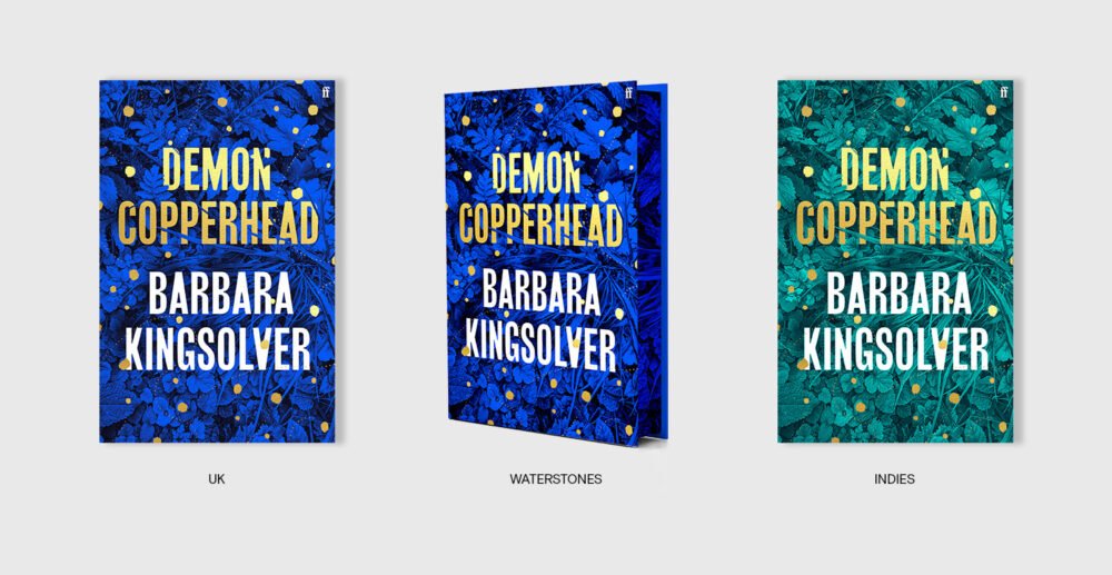 The final covers for Demon Copperhead, featuring the indie edition in teal and the Waterstones edition with printed edges