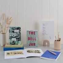 Sylvia Plath books and products laid out