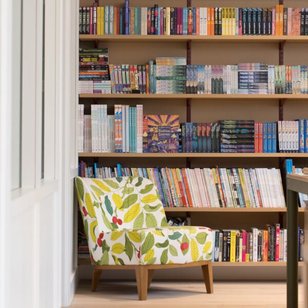 Bookshelf and reading corner at Faber offices at The Bindery in London